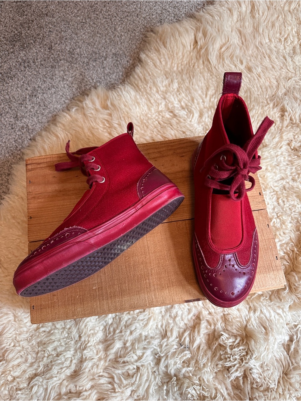 Y's by Yohji Yamamoto Rare Red Wingtip-Wool Leather Lace-Up Sneaker boots